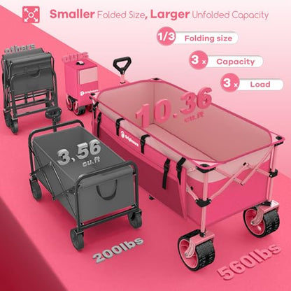 Originsure 300L Collapsible Beach Wagon Cart with Big Wheels, 560lbs, Pink - color: Pink