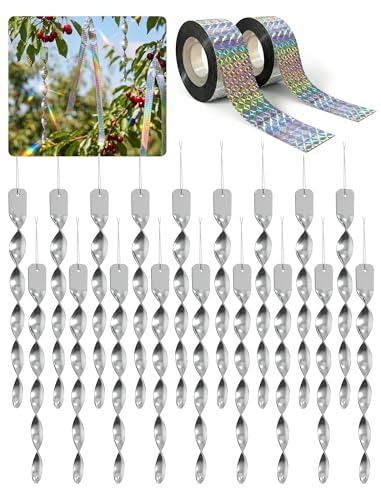 NiHome 20-Pack Spiral Bird Deterrents for Outside, Reflective Rods and Rolls to Safeguard Gardens - 18 PCS Rods & 2 Rolls (262 FT) of Non-Toxic, Waterproof Bird Control Kit
