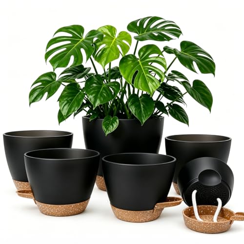 Plant Pots for Indoor 9/8/7/6.5/6/5 Inch, Self Watering Planter Pots with Drainage Holes and Saucers, 6Pcs Plastic Flower Pots for Indoor & Outdoor Plants（Black） - color: Black