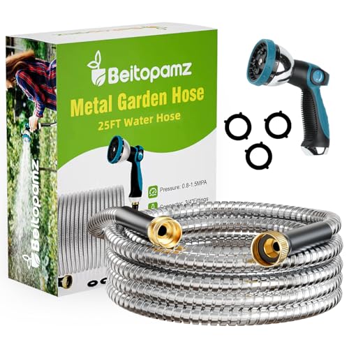 Beitopamz Metal Garden Hose 25 ft with Nozzle, Stainless Steel - size: 25 ft