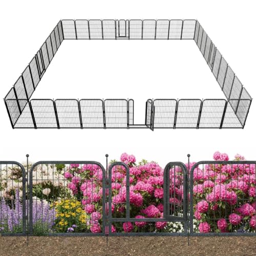 Decorative Garden Metal Fence 110ft (L)×40in (H) with 42 Panels 6 Gates Outdoor, No Dig Rustproof Wire, Animal Barrier Fencing for Outdoor Yard Patio Flower Bed,（Black-Silver） - size: 40in(H)x110ft(L)