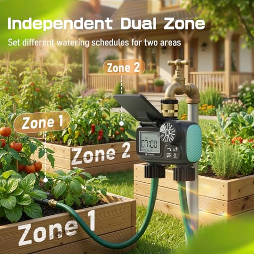 2 Zone Solar Water Timer, Hose Timer with Solar Charging