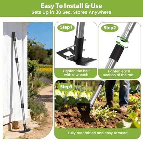 2-in-1 Stand Up Weed Puller & Garden Hoe Rake, 63" Adjustable Long Handle