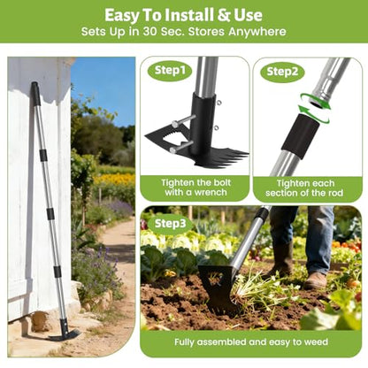 2-in-1 Stand Up Weed Puller & Garden Hoe Rake, 63" Adjustable Long Handle