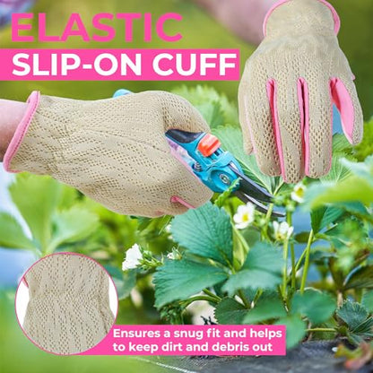 HANDLANDY Gardening Gloves for Women, Leather Garden Glove, Gardener Gift - color: Pink Khaki, size: Small (Pack of 1)