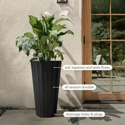 Veradek Column Series Tall Planter - Tapered Outdoor Planter with Shelf - color: Black, style: Wide Groove - 2 Pack