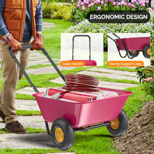 VINGLI Wheelbarrow, Plastic and Steel Wheel Barrel, Garden Cart for Lawn, Gardening, Construction (Pink) - color: Pink