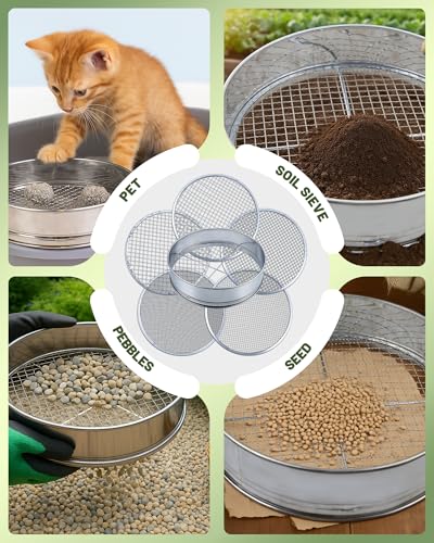 5-in-1 Soil Sifter Set with 5 Replaceable Stainless Steel Mesh Screen & Shovel (1/8" to 1/2"), Soil Sifter for Soils, Compost, Bonsai, Cat Litter and More（11-5/8" Diameter）