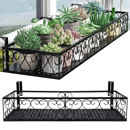 Hanging Railing Planter with Hooks, Iron Hanging Planter Holder, Balcony Plant Holder Railing Shelf Fence Hanging Flower Bucket for Outdoor Garden Window Porch Patio (23.6 x 7.8 x 4.7 Inch)