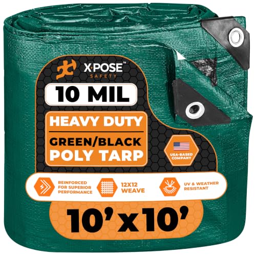 Heavy Duty Poly Tarp - 10' X 10' - 10 Mil Thick Waterproof, UV Blocking Protective Cover - Reversible Green and Black - Laminated Coating - Grommets - by Xpose Safety - color: Green/Black, size: 10 Feet X 10 Feet