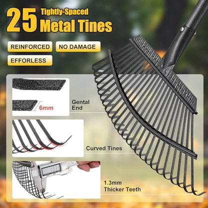 Garden Rake for Leaves: 18” Wide Metal Leaf Rake, 65” Long Adjustable Handle, Heavy Duty 25 Teeth, Fast Kids Women Large Lawn Yard Garden Leaf Cleanup Gardening Rakes: Grass,Debris,Pine Needles Pick - style: 25 tines-5ft