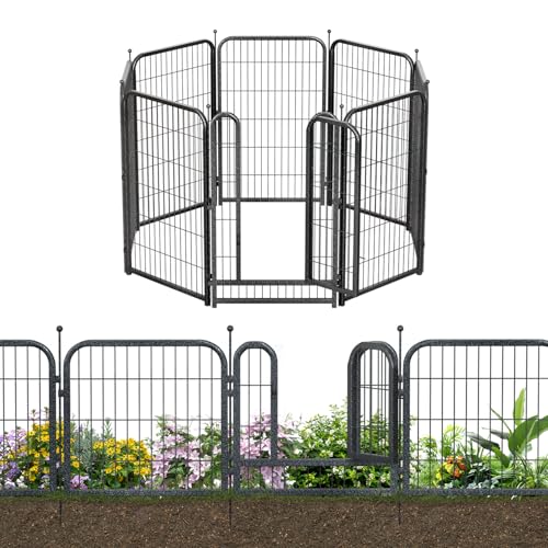 Decorative Garden Metal Fence 18ft (L)×45in (H) with 7 Panels 1Gate Outdoor, No Dig Rustproof Wire, Animal Barrier Fencing for Outdoor Yard Patio Flower Bed,（Black-Silver） - size: 45in(H)x18ft(L)