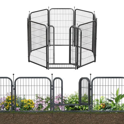 Decorative Garden Metal Fence 18ft (L)×45in (H) with 7 Panels 1Gate Outdoor, No Dig Rustproof Wire, Animal Barrier Fencing for Outdoor Yard Patio Flower Bed,（Black-Silver） - size: 45in(H)x18ft(L)