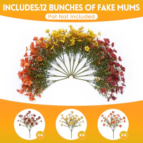 Hrobek Artificial Mums for Outdoors Planter Silk Fake Flower for Fall Decor - color: 3 Color Mixed (3 Brown,4 Orange,4 Yellow)