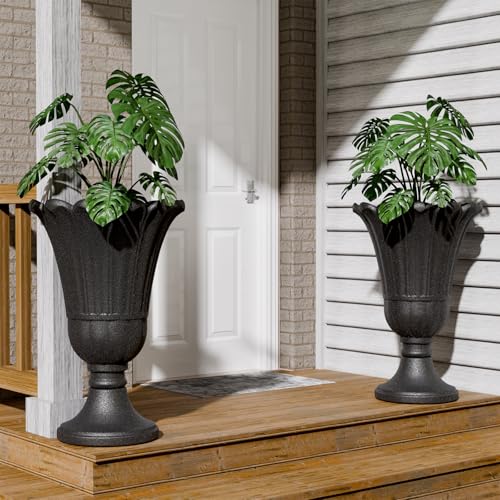 Tall Plastic Urn Planters and Pedestal - 24" Outdoor Planter Black - color: Black-petal