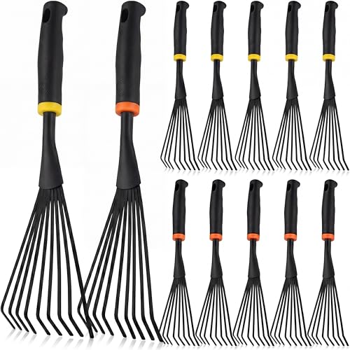 Yaocom 12 Pcs Hand Rakes Garden Tool Mini Heavy Duty Garden Cultivator 11 Inch Small Rake Gardening Hand Tiller with Handle for Digging Weeding Loose Soil(9-Tine Rake,Yellow, Orange) - color: Yellow, Orange, style: 9-tine Rake