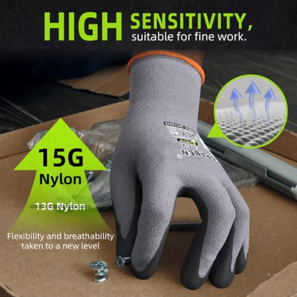 Safety Work Gloves Men, 12 Pairs Micro Foam Nitrile Coated Grip - size: 7/Small