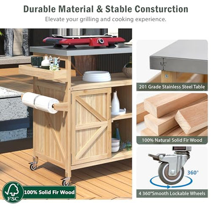 Outdoor Deck Box and Grill Prep Station with 201 Stainless Steel Top, Solid Fir Wood Patio Storage Cabinet for BBQ Tools and Cushions, Rolling Kitchen Island with Spice Rack, 50-Inch, Natural - color: Natural - 50.25 X 18.50 X 36.25 Inch