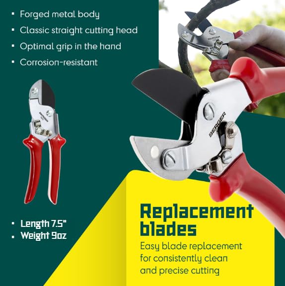 BERGER Anvil Hand Shears – Professional Garden Pruners with Anti-Stick Replaceable Blade, Non-Slip Handles, For Cutting Hard & Resinous Wood, Trimming – 1902