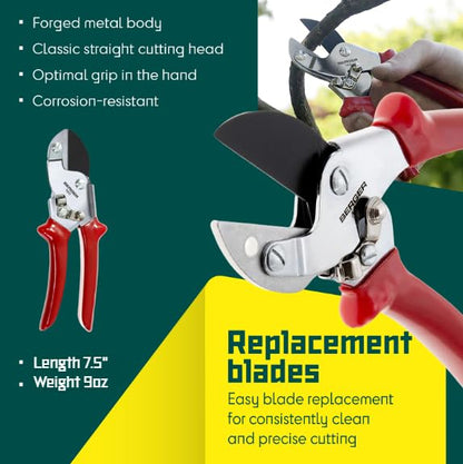BERGER Anvil Hand Shears – Professional Garden Pruners with Anti-Stick Replaceable Blade, Non-Slip Handles, For Cutting Hard & Resinous Wood, Trimming – 1902
