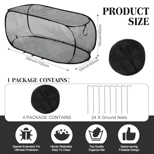 Threehoney 4 Pcs 39" x 18" x 16" Pop up Garden Mesh Plant Cover Outdoor Plant Protector Garden Row Raised Bed Cover with Ground Nails Crop Cage Net for Seedlings Vegetable Fruit Herbs (Black) - color: Black, size: 39" x 18" x 16"