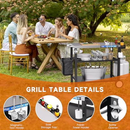 Grill Table, Stainless Steel Grill Cart with Three-Shelf, Movable Pizza Oven Table with Side Tray ＆ Trash Bag Holder, Outdoor Grill Stand with Hooks for Food Prep, Outside Tailgating, Camping - color: Stainless