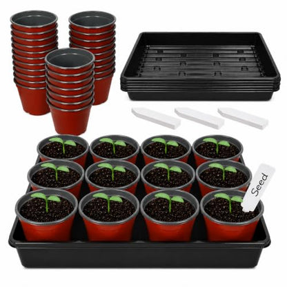60pcs 3.5 inch Plastic Nursery Pots and 5 Pack Seedling Tray - size: Lightweight Trays+Red Round Pots-5P
