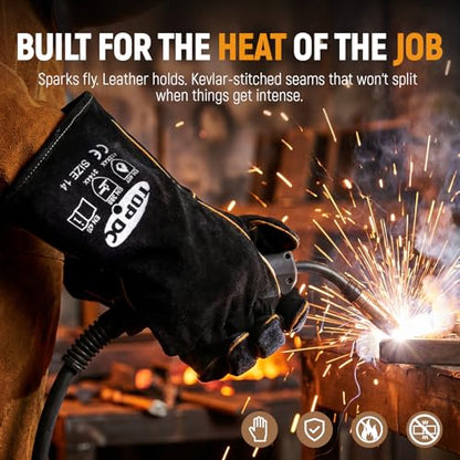 TOPDC 14Inch Welding Gloves 482°F Heat Resistant Leather for Fire Pit Grill - color: 14 Inch Black-gray