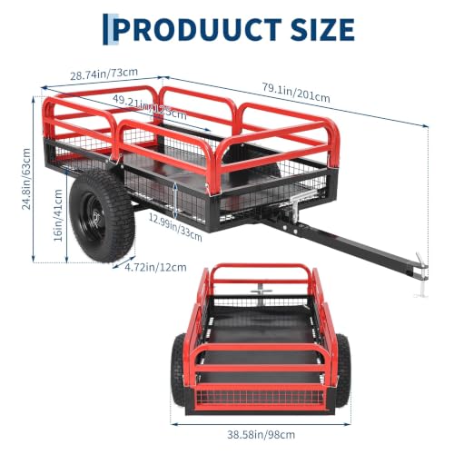 Heavy Duty Utility Trailer, 1500 LB Capacity, 15 Cu.Ft ATV Trailer Pull Behind with Removable Sides & All Terrain Tires, Lawn Tractor Dump Cart for Garden Yard, Red - color: Red