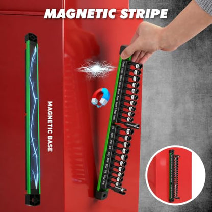 22-Piece Magnetic Nut Driver Set, Metric & SAE (5-13mm & 3/16"-1/2"), 1/4" Hex Shank Impact Bit Set, Wing Nut Driver Bits, Magnetic Aluminum Storage Rail - color: Nut Driver Set With Rail Green
