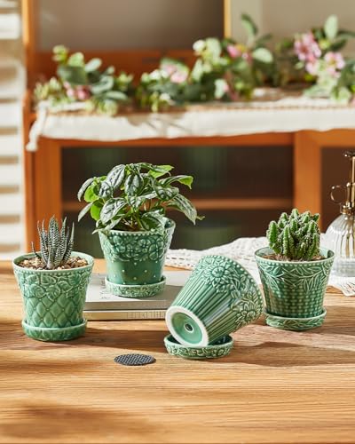 Metahom 3.8 Inch Succulent Pots, Green Ceramic Pots for Plants Set of 4 - color: Green, size: 3.8 Inch