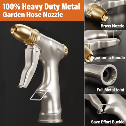 100% Metal Heavy Duty Garden Hose Nozzle with Brass Nozzle with 4 Patterns - color: Silver Gray