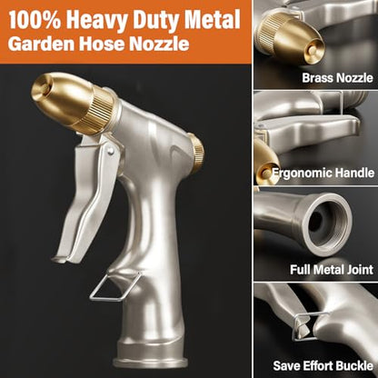 100% Metal Heavy Duty Garden Hose Nozzle with Brass Nozzle with 4 Patterns - color: Silver Gray