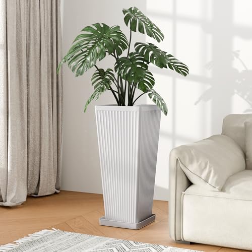 Square Tall Planters for Outdoor Plants with Tray - 24" White 2Pack - color: White-f