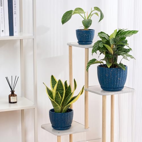 4/5/6 Inches Ceramic Plant Pots with Drainage Holes and Saucer Set of 3 - color: Blue With Dot-big Size