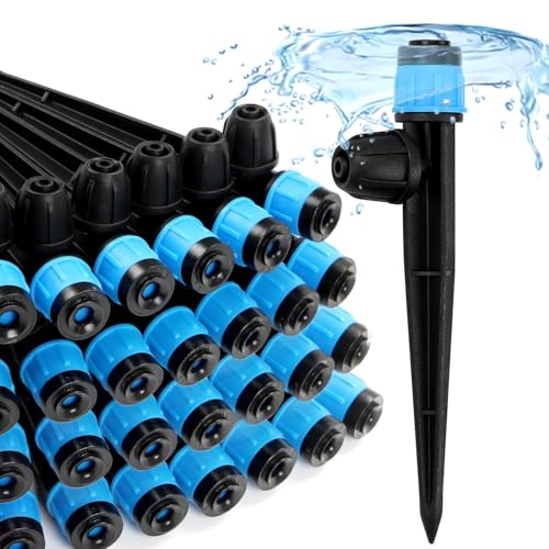 26pcs Drip Emitters Fan Shape with Stake for 1/4" Irrigation Tubing, Adjustable 360 Degree Water Flow Irrigation Vortex Sprayer On 5" Stake Garden Irrigation Dripper for Watering System - color: Blue Vortex Emitter-26P