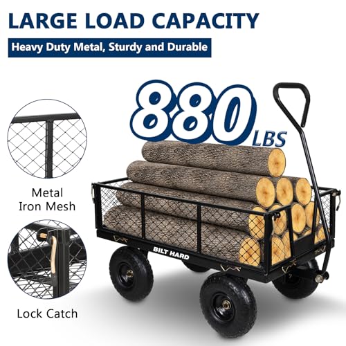 BILT HARD Heavy Duty 880 Lbs Capacity Mesh Steel Garden Cart, 4 Cu.Ft Heavy Duty Garden Cart with 180° Rotating Handle, Removable Sides, All Terrain Wheels, Capacity Utility Steel Wagons for Yard