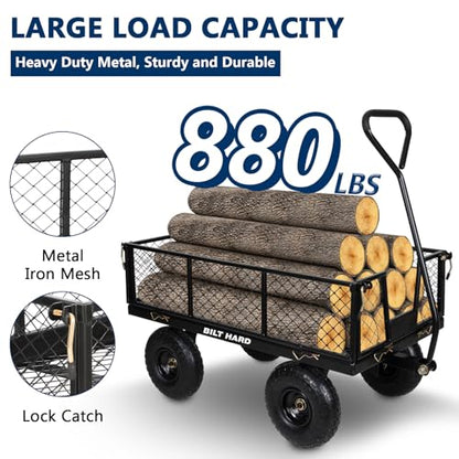 BILT HARD Heavy Duty 880 Lbs Capacity Mesh Steel Garden Cart, 4 Cu.Ft Heavy Duty Garden Cart with 180° Rotating Handle, Removable Sides, All Terrain Wheels, Capacity Utility Steel Wagons for Yard