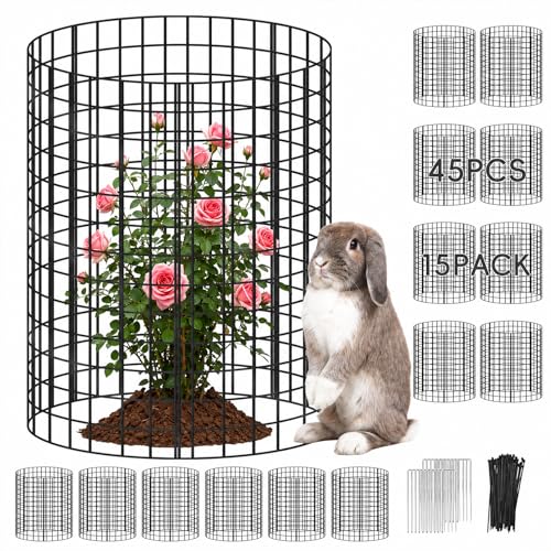 15 Packs Plant Protectors from Animals, 45Pcs 12"x 16" Large Metal Wire Mesh Garden Plant Cages for Outdoor Gardening, Chicken Wire Cloche Plant Cages for Rabbits with Zip Ties & Stakes(Black) - color: Black-15Pack-16"x 12"