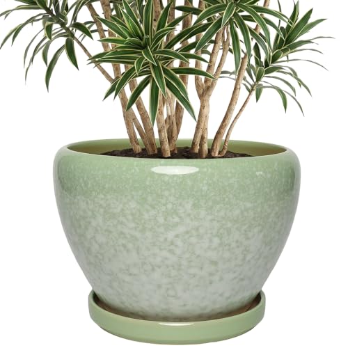 10.6 Inch Ceramic Planter with Saucer for Outdoor Plants(Snow Green) - color: Snow Green, size: 10.6 Inch