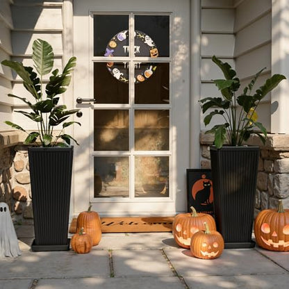 Square Tall Planters for Outdoor Plants with Tray - 24" Black 2Pack - color: Black-f