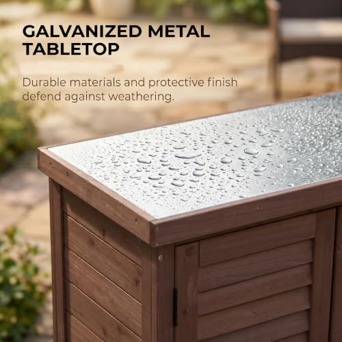 Wood Outdoor Potting Bench Storage Cabinet, Waterproof Metal Top - color: Brown