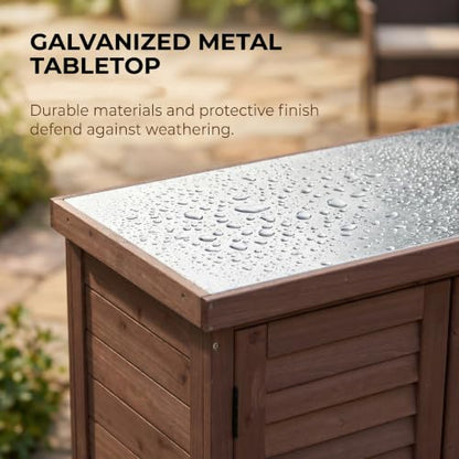 Wood Outdoor Potting Bench Storage Cabinet, Waterproof Metal Top - color: Brown