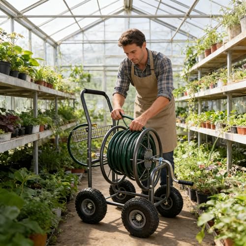 Heavy Duty Garden Hose Reel Cart on Wheels - Portable 4-Wheel Water Hose Holder with Storage Basket, Rust Resistant Outdoor Hose Reel for Easy Watering