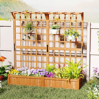 72" Raised Garden Bed with Lattice Trellis, Hanging Roof & Drainage Holes, Elevated Wooden Planter Box for Vine Climbing Plant, Flower, Herb & Vegetable