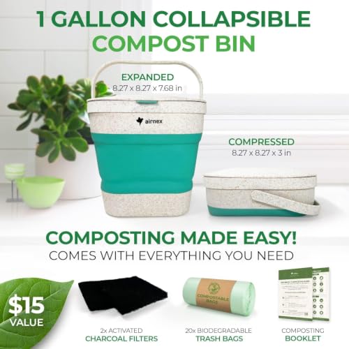 AIRNEX Collapsible Small Compost Bin with Lid - 1 Gallon Compost Bucket Food Waste Caddy Made of Wheat Straw - Odorless Counter Top Compost Bin for Kitchen with 20 Compost Bags and 2 Carbon Filters - color: Green