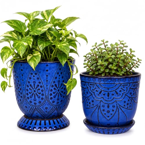Gepege Ceramic Plant Pots, 6 Inch Indoor Planters with Drainage & Saucers - color: Blue, size: 6 Inch - Set of 2