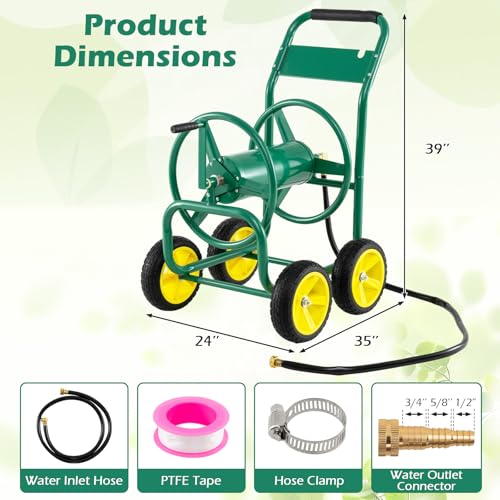 Garden Hose Reel Cart, Mobile Water Hose Cart with Heavy-duty Metal Frame & 4 Solid Wheels, Hold up to 330 ft of 5/8" Hoses, Outdoor Planting Tool for Lawn & Backyard (Green) - color: Green