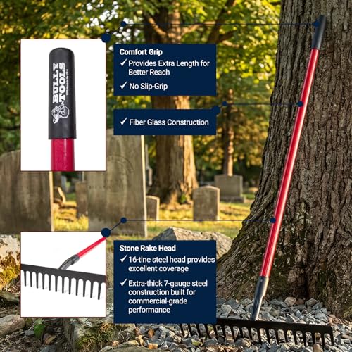Bully Tools 7-Gauge 16-Tine Stone Rake, 66" Fiberglass Long Handle