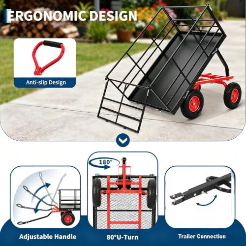 GarveeLife 1500 Lbs Garden Dump Cart with 13" All-Terrain Tires, Dump Frame, 3-in-1 Convertible Yard Wagon & Swivel Handle – Black Frame, Red Rims & Handlebars - size: 1500lbs Dump
